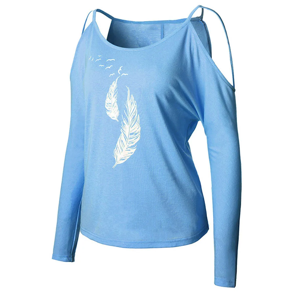 

Women Feather Print T Shirts Off The Shoulde Round Collar Long Sleeve Casual Tops High Quality Tees Plus Size S-2XL