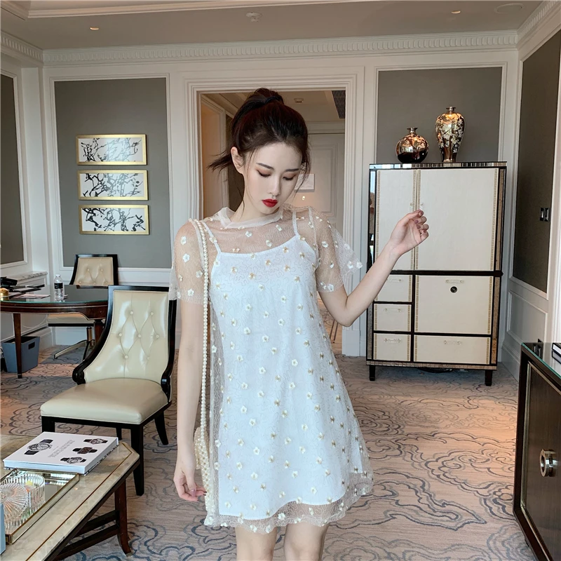 Two-piece set summer style Women's Clothing dresses mesh perspective sweet style mini-dress fashion brand vestidos verano new