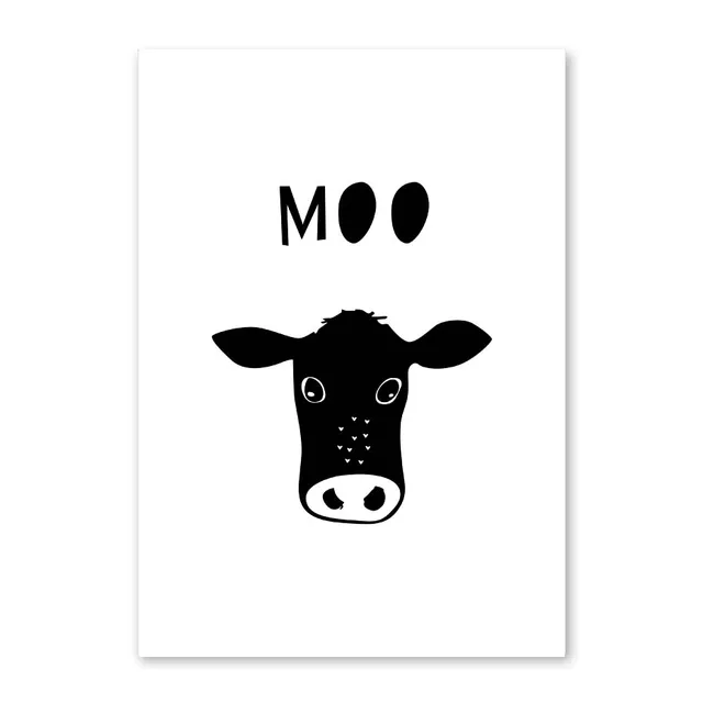 Hewan Kartun Hitam Dan Putih Poster Cetak Untuk Anak Anak Kamar