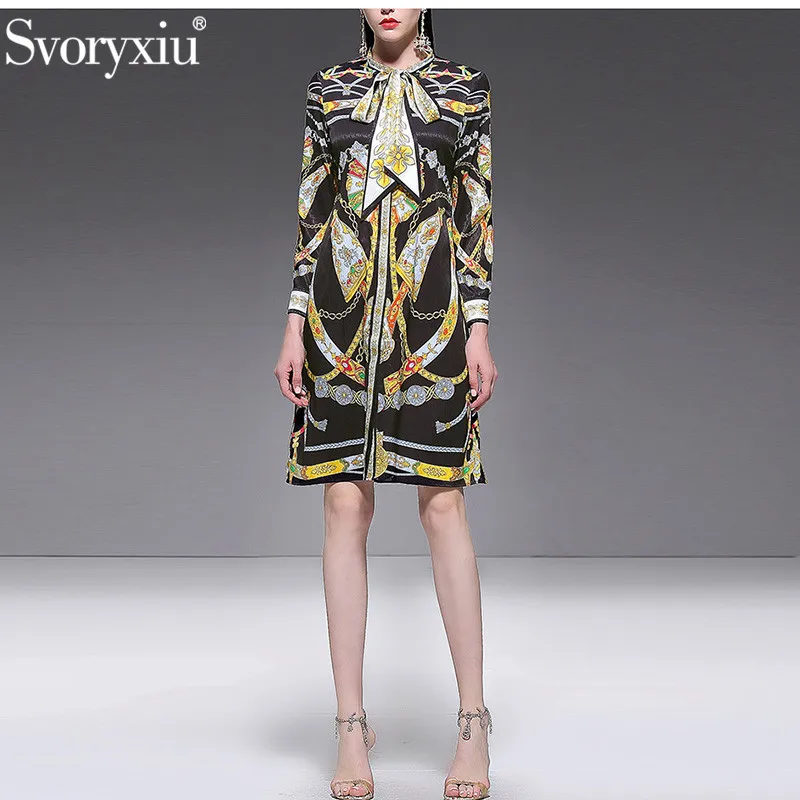 

Svoryxiu Fashion Designer Summer Loose Casual Dress Women's Elegant Bow Collar Vintage Print Long Sleeve Dresses Vestdios