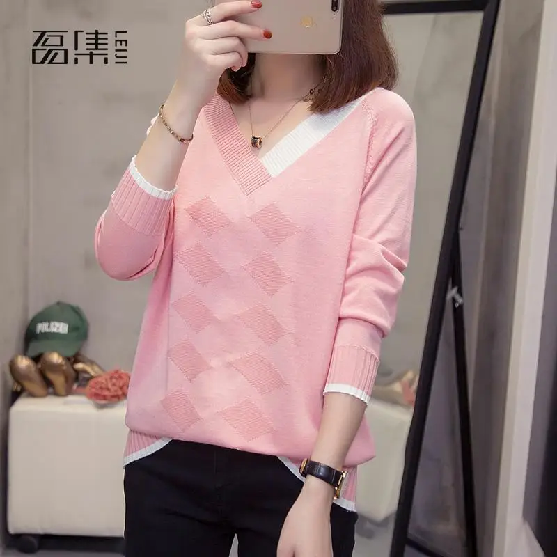 

Sweater Women Plus Size V-neck Geometry Contrast Color Knitted Autumn Winter Femme Elasticity Pullovers