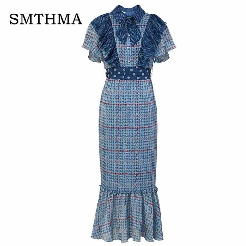 

SMTHMA 2019 New Fashion Designer HIGH QUALITY Retro Print Slim Ruffled Chiffon Dress women Runway Short sleeve summer dress