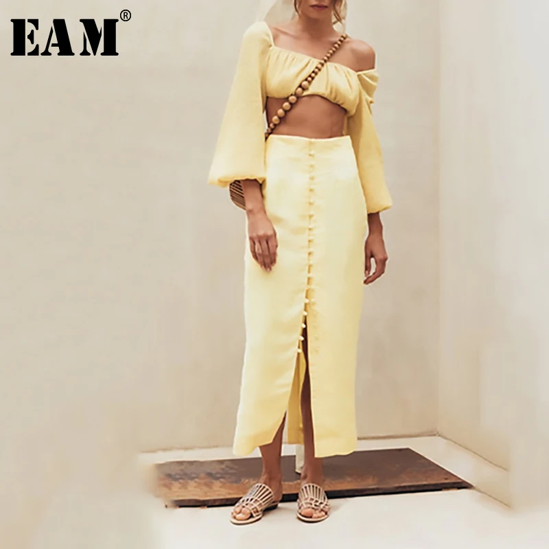

[EAM] 2019 New Spring Summer High Waist Yellow Button Split Joint Hem Vent Temperament Half-body Skirt Women Fashion Tide JW515