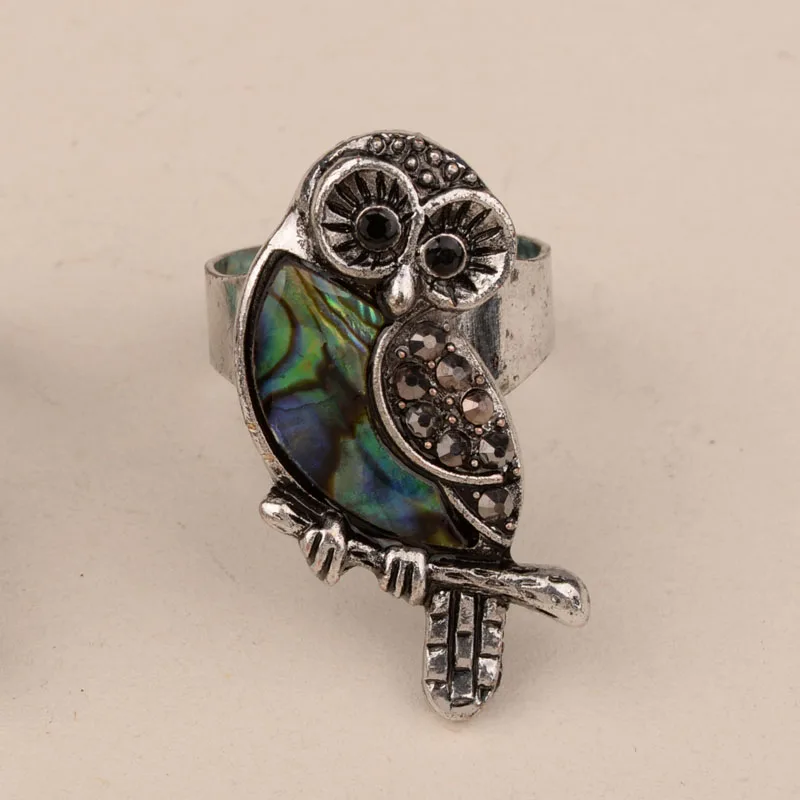 

Cute Owl Adjustable Resizable Cocktail Ring For Women Girls Natural Abalone Shell Vintage Party Rings Fashion Jewelry