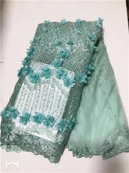 

French Net 3d Lace Fabric 2019 High Quality African Nigerian Embroidered Tulle Lace Fabric With Beads For Wedding Dress green