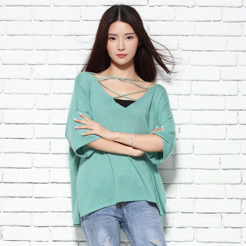 

Spring summer NEW Cashmere blended women's short sleeve before and after the V-neck knitted pullover loose fashion Sweaters thin