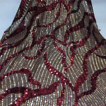 

Wine Sequins Lace Fabric 2019 High Quality African Evening Dress Fabrics New Nigeria Sequined Embroidered Mesh Net Lace Fabric