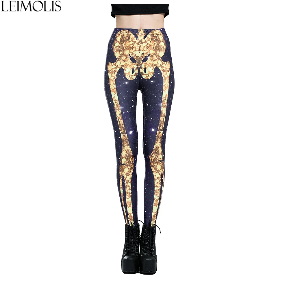 

LEIMOLIS 3D print Golden skeleton black Gothic harajuku sexy plus size high waist push up fitness workout leggings women pants