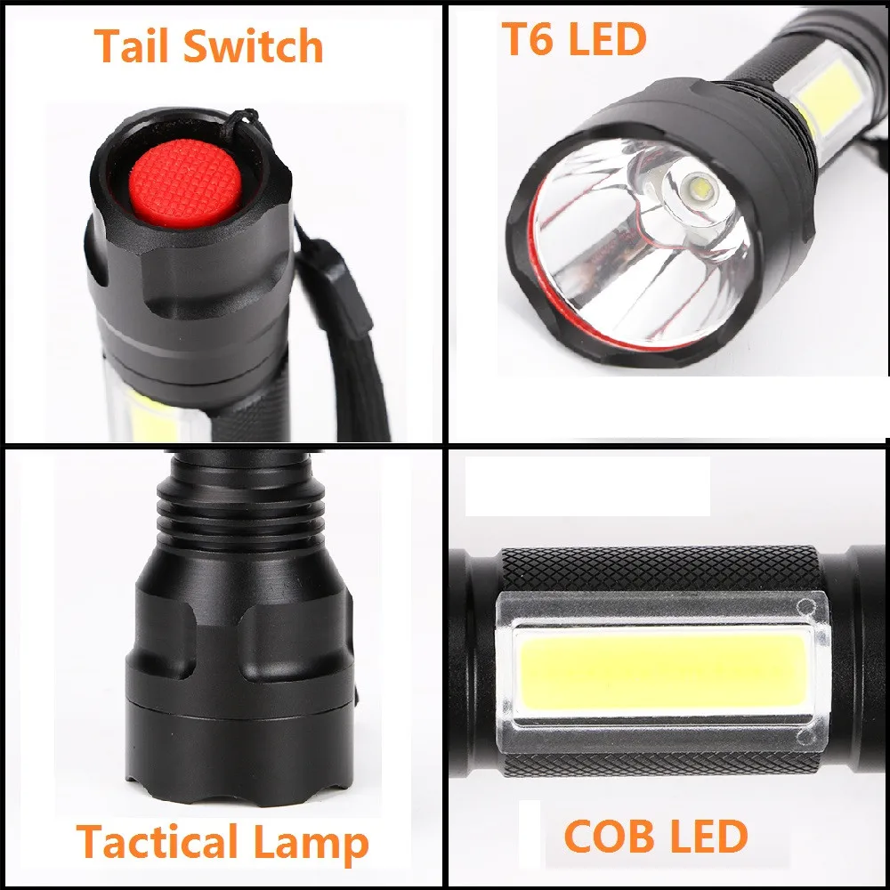 Мощный тактический фонарь CREE T6 + COB LED Flash Light Водонепроницаемый 4 режима для
