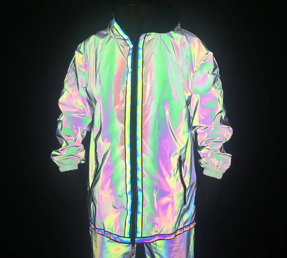 Autumn Winter Men Colorful Reflective Long Coat Irregular Zipper Cloak Ribbon Patchwork Trench Windbreaker Gothic Clothes