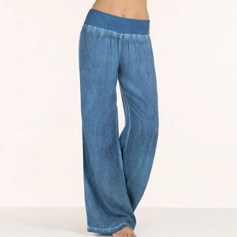 Брюки размера плюс S-5XL, женские длинные штаны-шаровары с высокой талией, повседневные свободные плиссированные джинсовые штаны синего и черного цвета, широкие вечерние штаны