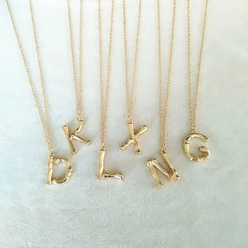 

2cm Small Gold Hammered Metal Bamboo 26 Letter Alphabet A-Z Minimalist Initial Pendant Necklace Fashion Twist Chain Neck Jewelry