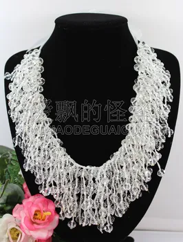 

N090523 18'' Hand-Made Silk 8mm Natural White Clear Crystal Necklace