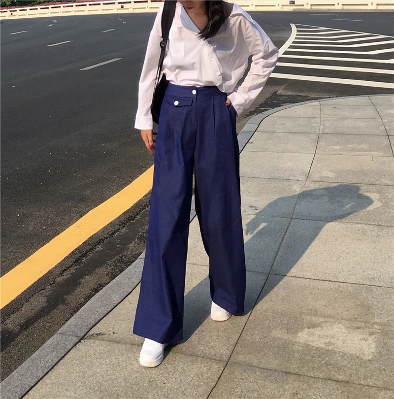 

2 colors S-M Wide Leg Pants Women solid color Loose Trousers Women 2018 High Waist denim pants womens long jeans (L395)
