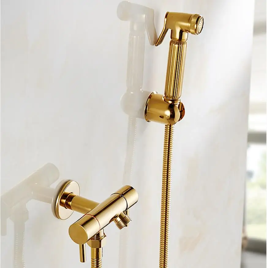 Toilet bidet sprayer set Kit brass wall mounted Gold bathroom bidet faucet set with 1.5M plumbing hose and ABS holder цена Toilet bidet sprayer set Kit brass wall mounted Gold bathroom bidet faucet set with 1.5M plumbing hose and ABS holder цены онлайн