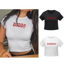 Camiseta Sexy de manga corta para mujer, camiseta apretado corto con letras estampadas de Color sólido para adelgazar con ombligo, camiseta ultracorto
