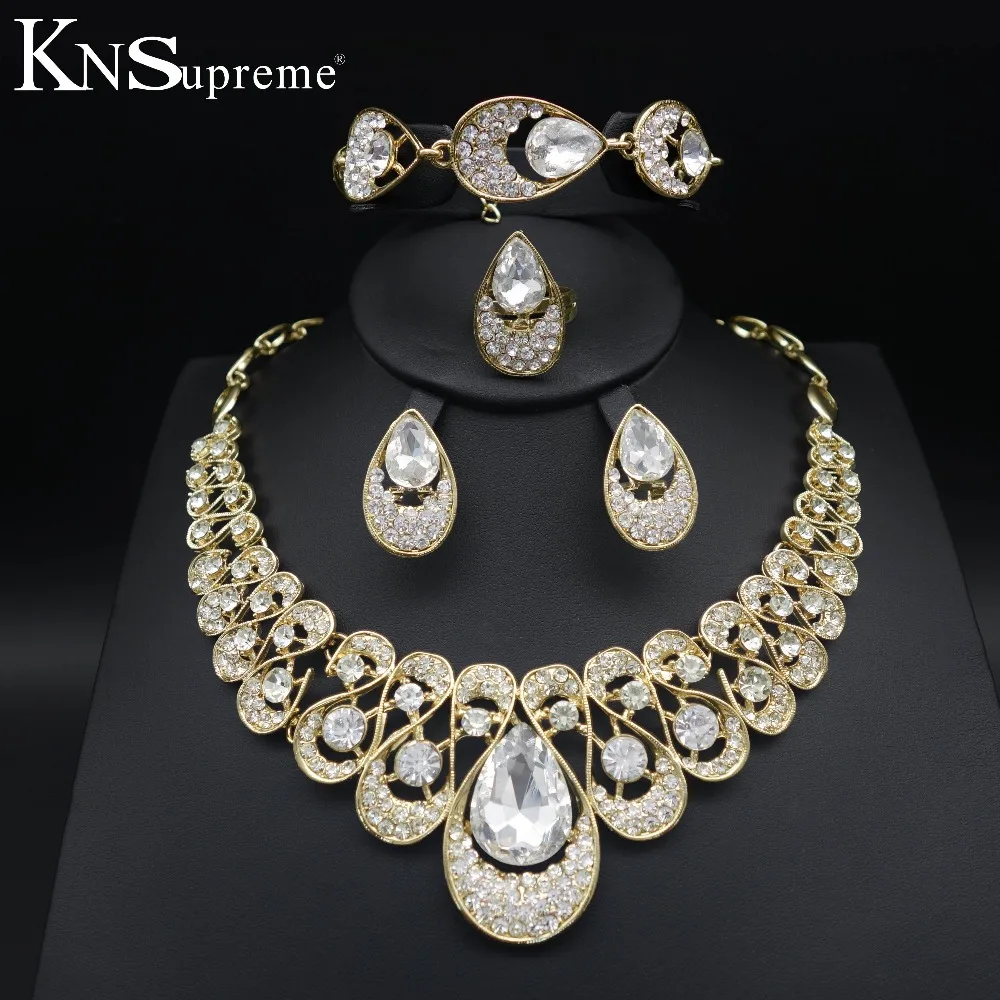 Download Dubai beautiful gold color African Beads Bridal wedding jewelry Sets white Crystal necklace ...