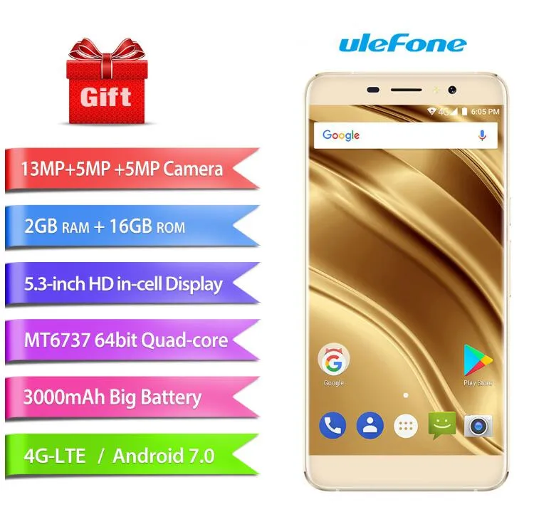 Ulefone S8 Pro 5 3 дюйма ободок менее Android 7 0 смартфон MT6737 4 ядра 2 GB 16 gps 13MP двойной назад