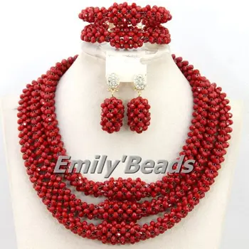 

2015 New Red Crystal Beads African Costume Jewelry Sets Fashionable Nigerian Wedding Bridal Jewelry Sets Free Shipping AMJ094
