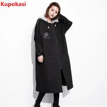 2017 Autumn Winter New Hooded Neck Black Plus Size Letter Women Coat High Waist Overcoat Irregular Topcoat Women parka