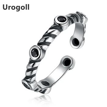 

Noble Retro Style 100% Sterling Silver Open Black Crystal Wedding Pan Ring For Women Classic Real Silver Female Engagement Rings