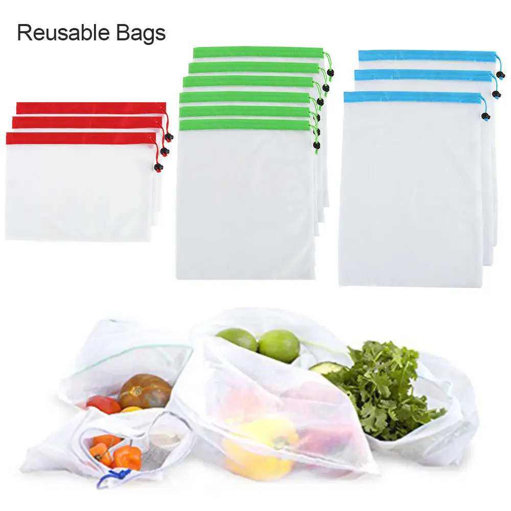 

12pcs/set S/M/L Polyester Washable Drawstring Rope Mesh Bag Reusable Fruit Vegetable Mesh Bags Fit for Grocery Shopping Storage