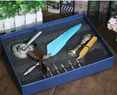 Подарочная коробка винтажный металлический изогнутый натуральный набор перьевых ручек с 5 nibs, подставка для ручек, штамп, вощеная ручка для подписи в подарок - Цвет: sky blue feather