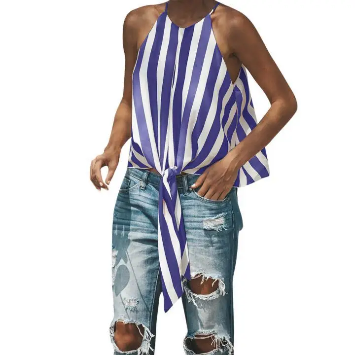 2018 Autumn New Women Casual Blouses Multicolor Bohemian Striped Loose Blouse Sleeveless Bow Lace-Up Sexy Shirt Blouses