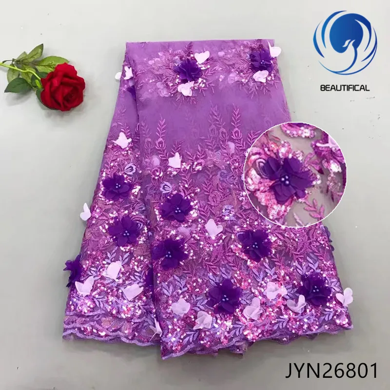 

BEAUTIFICAL 3d french lace fabrics Fashion design purple flowers net lace fabric with beads Embroidery sequins tulle lace JYN268