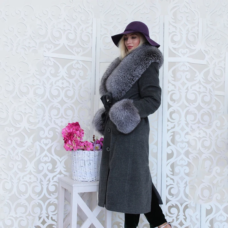 BFFUR шерстяное Женское пальто из натурального меха, зимние теплые длинные пальто с карманами, Женская парка, бренд Fox Fur Trim, рукав-воротник