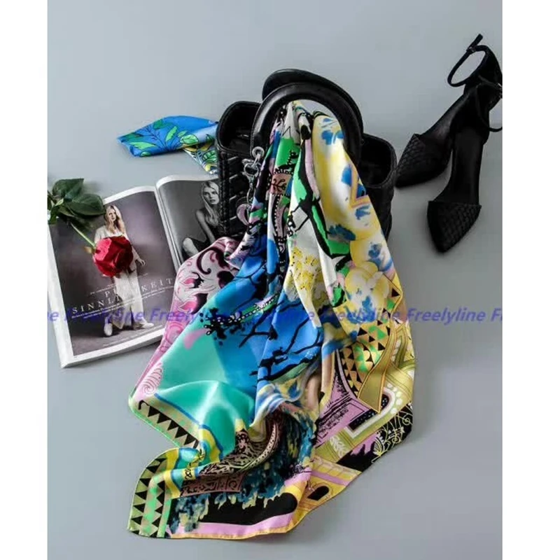 Модный Печатный Шелковый саржевый шарф хиджаб женский большой квадратный шелковый шарф шаль обертывания для обертывания волос ручной прокатки 88x88 см