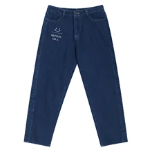 Женские прямые брюки, джинсы с буквенной вышивкой, пуговицы с высокой талией, темно-синие джинсы, модные манжеты, длинные женские брюки