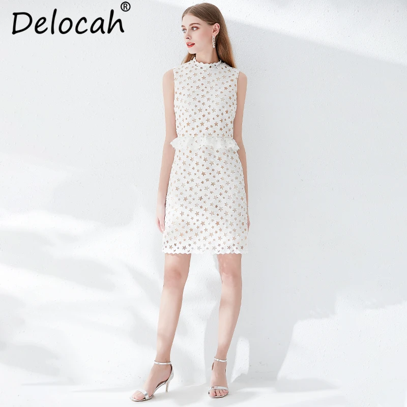 Delocah Women Summer Dress Runway Fashion Designer Sleeveless Hollow Out Stars Peplum Pure White Elegant Casual Party Dresses
