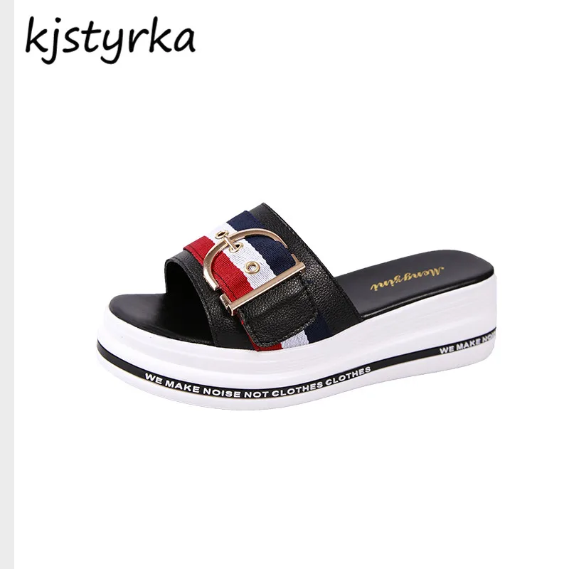 

Kjstyrka 2018 Brand Designer Summer Women Slippers red blue stripe buckle Slides Female flats increase slippers Zapatillas mujer