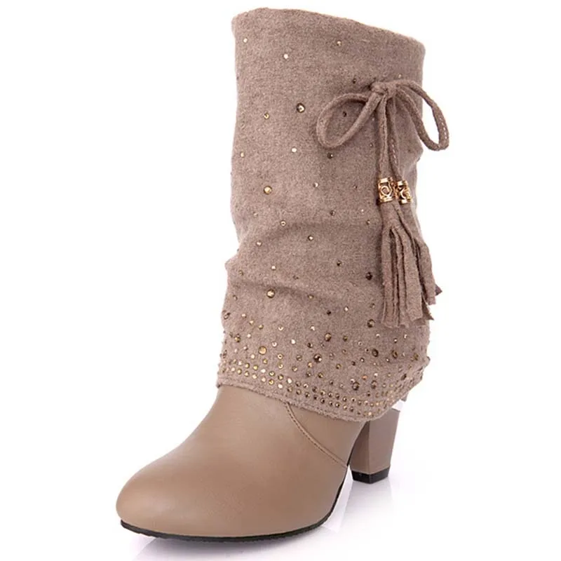 

Size 34-39 Advanced PU Leather Flock Mid-Calf Square Heel Round Toe Boots For Women Black Beige  New Fashion Boots