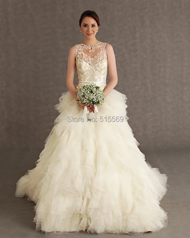 Expensive Luxury Ruffled Tulle Unique See Through Lace Back Designer Elie Saab Ball Gown Wedding Dresses With Sash | Свадьбы и
