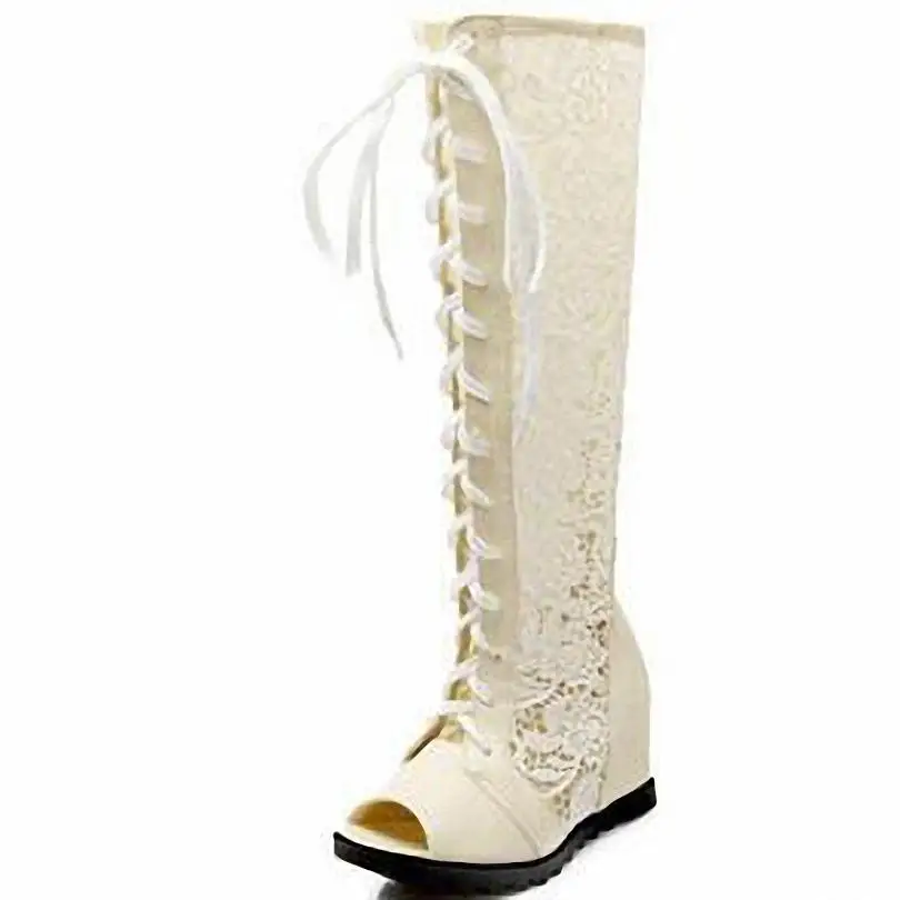 

Sexy Lace Knee-High Boots for Women New Wedges 6.5cm Round Toe High Boots Cut-Outs Summer Boots Motorcycle Boots