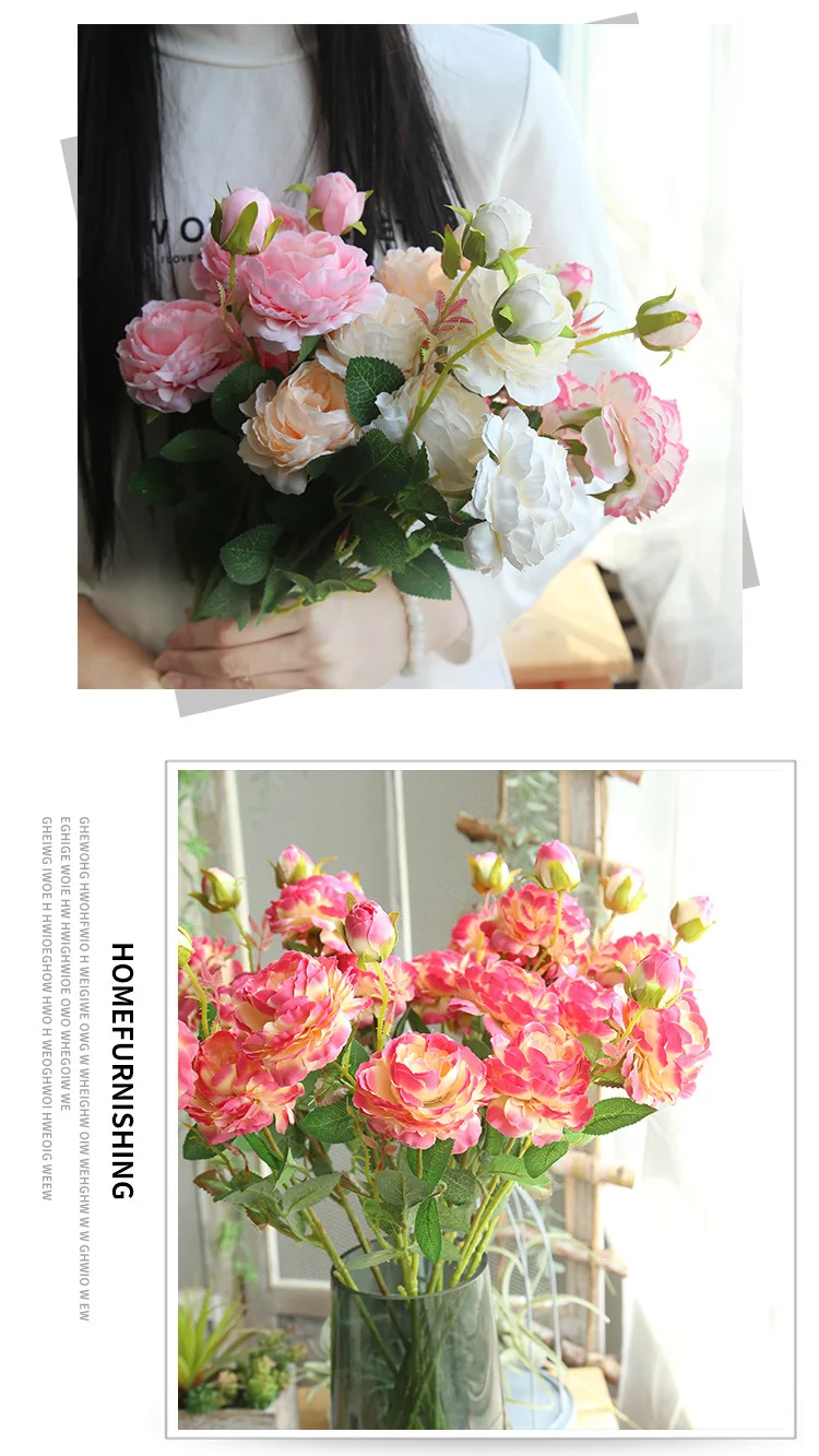 JAROWN European Rose 3 Head Peony Simulation Silk Flower Wedding DIY Accessories Home Decoration Flowers (14)