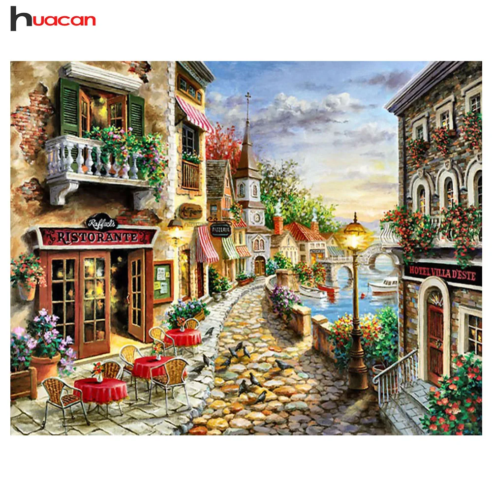 

Huacan Diy City Landscape Diamond Painting Street Cross Stitch Diamond Embroidery Square Drill Craft Needlework Mosaic Picture