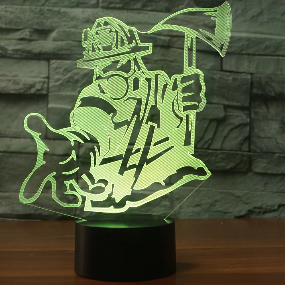 

3D Visual Firefighter Table Lamp USB Acrylic 7 Colors Changing Night Light Led Fireman Bedside Light Fixture Gifts Bedroom Decor