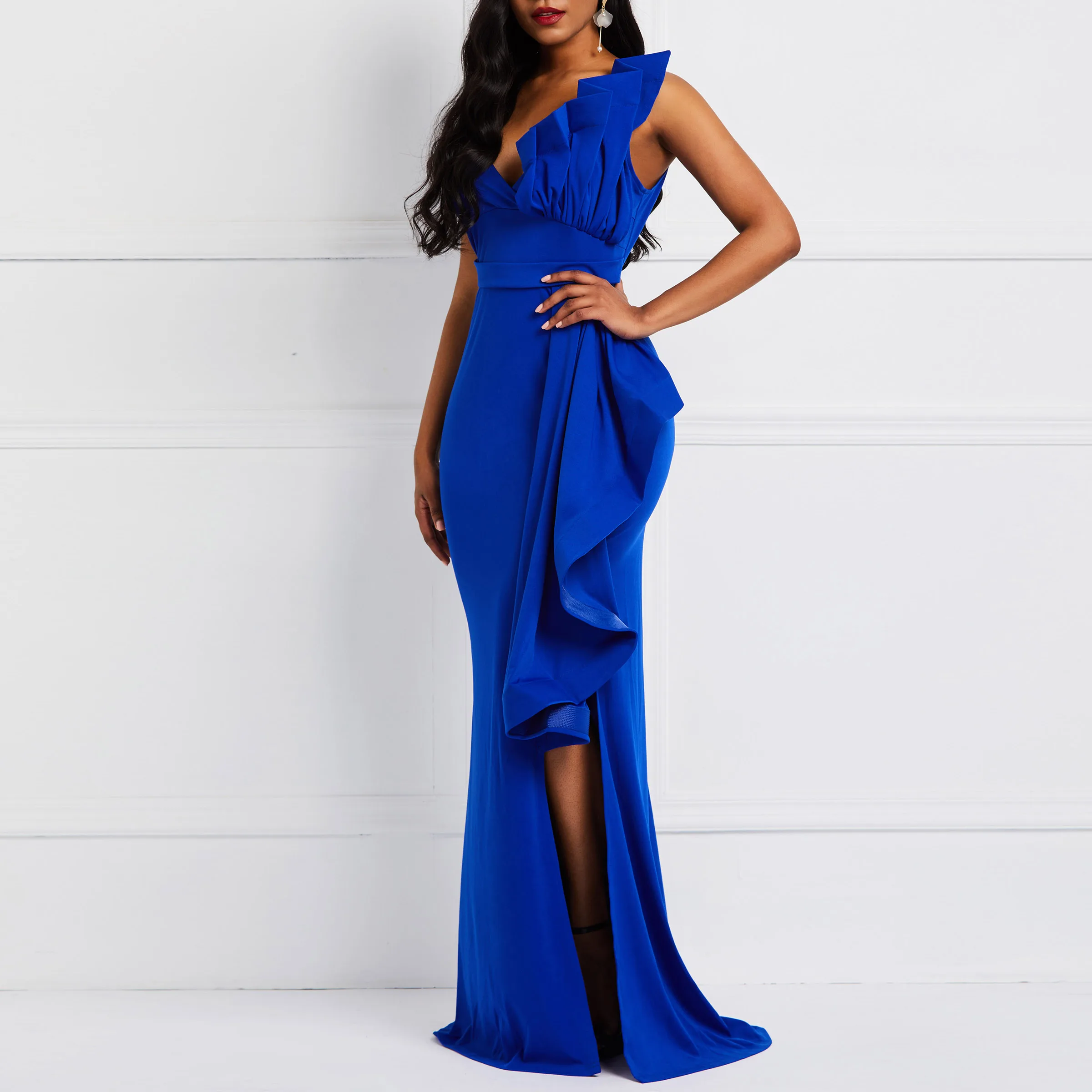 

Summer Long Dresses Sexy Club Women Party Blue Elegant OL Ladies Casual Chic High Waist 2019 Ruffles Plain Female Fashion Dress