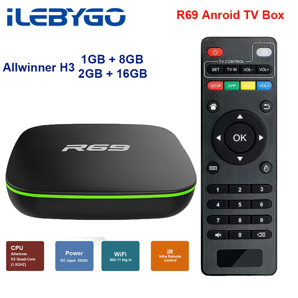 

iLebygo Smart TV Box R69 Android 7.1 TV Box Allwinner H3 Quad-Core 2.4G Wifi Set Top Box 1080P HD movie 1GB 8GB Media player
