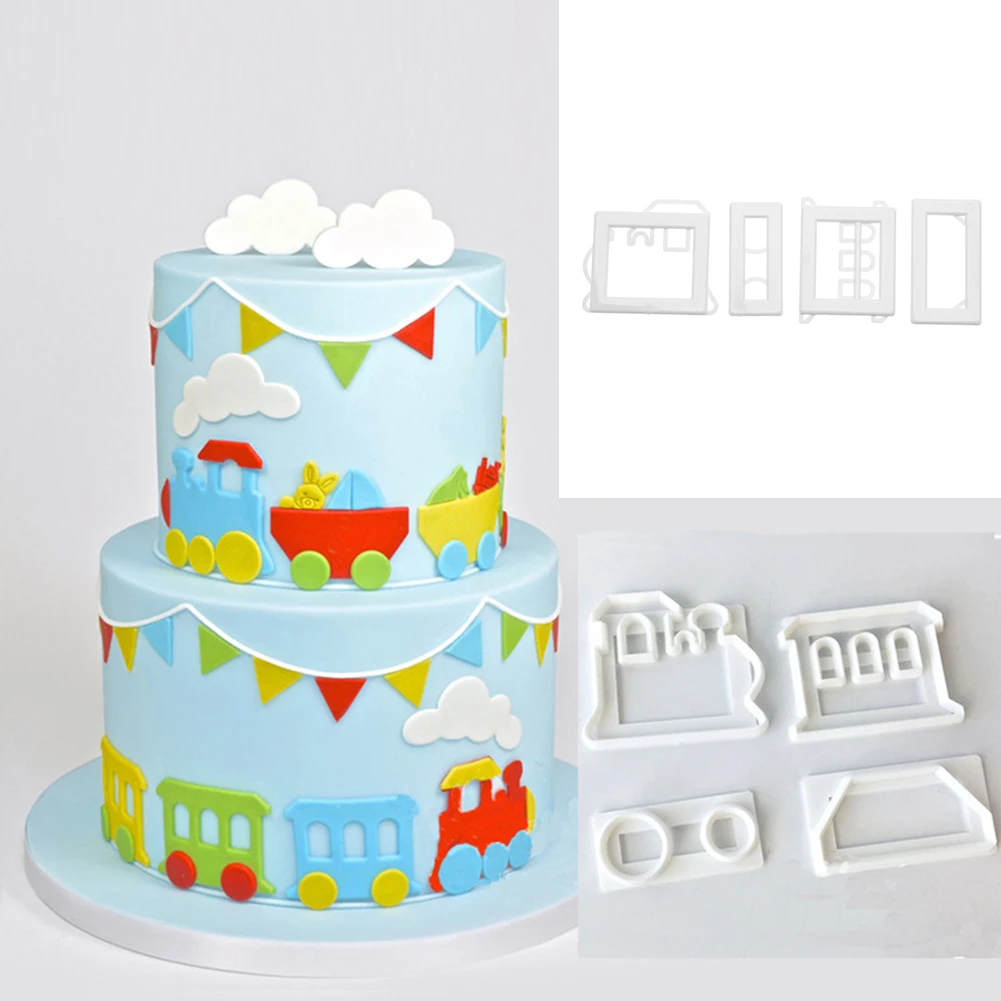

4pcs Train Shape Cake Mold Fondant Cutter Plastic DIY Cake Chocolate Decorating Mold Sugarcraft Cookie Mold for Birthday Cake