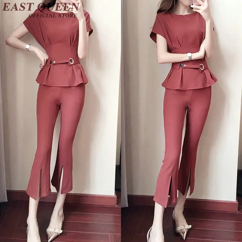 

2018 summer pantsuit women peplum two piece set top and pants solid color elegant pant suits women two piece set NN0676 YQ