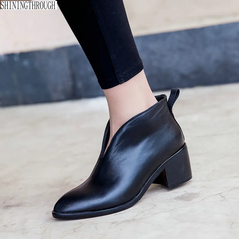 

100% cow leather Boots Woman Pointed Toe Black Real Leather High Heel Shoes Woman Fashion Ankle Boots