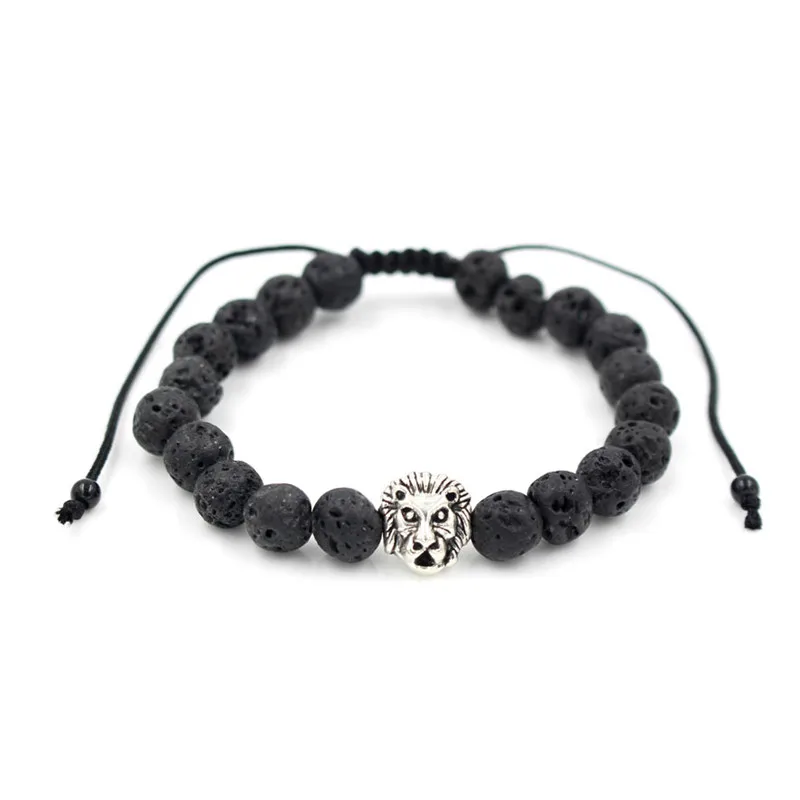 

1pcs Men's Black Rock Lava Stone Bead Handmade Antique Silver Lion Charm Adjustable Braiding Men Macrame Yoga Bracelet Jewelry