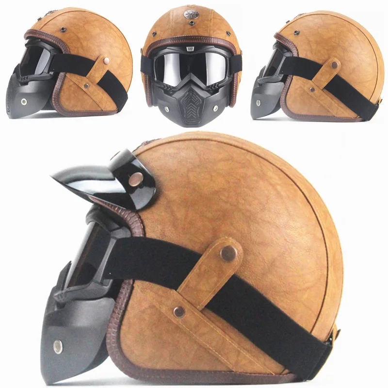 3/4 шлем из искусственной кожи шлемы мотоцикл чоппер велосипед с открытым лицом винтажный мотоциклетный шлем с goggle - Цвет: Brown Leather 1