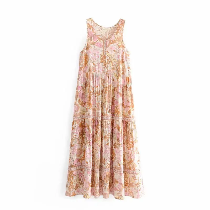 

QZ825 European Design O Neck Sleeveless Floral Print Long Bottom Bohemia Dress Summer Vacation Girl Vestidos