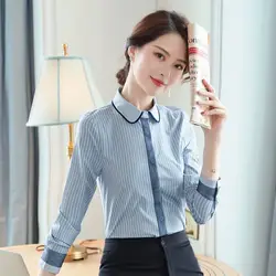 Формальные Модные женские блузки и рубашки светло-голубой полосатый с длинным рукавом Женские рабочие блузы женские топы OL Styles
