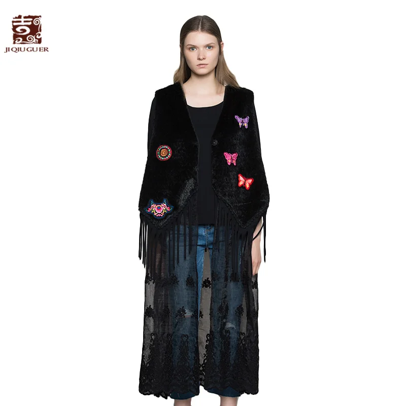 Jiqiuguer women tassel lace patchwork butterfly embroidery black vests Jiqiuguer women tassel lace patchwork butterfly embroidery black vests